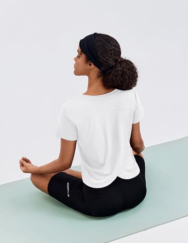 PINSPARK Sport Tshirt Damen Kurzarm Sportshirt Sommer Sonnenschutz Atmungsaktiv Shirt Schnelltrocknend Laufen Yoga Top Outdoor Wander Fitness Funktionsshirt Weiß M