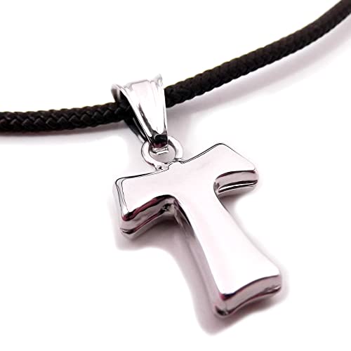 Gioielli Aurum - Collier pour Hommes Femmes avec Croix Tau Tao en Argent 925 Et Cordon Corde Noir