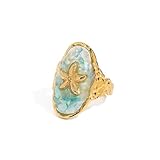 Dikixe Boho Starfish Ocean Beach Statement Ring, Gold Plated Irregular Blue Shell Open Adjustable Ring, Summer Statement Jewelry for Women