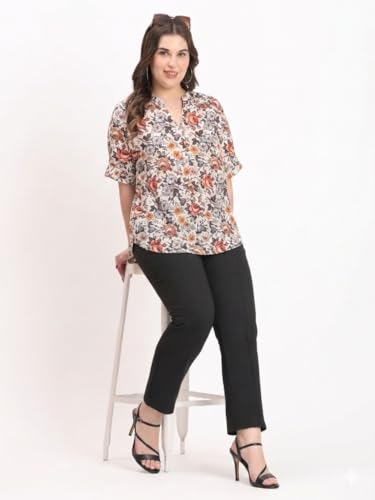 Image of SINDOORI Relaxed Fit Tops for Women Plus Size Solid Printed Mandarin Collar, Band Collar, V-Neck Top, Half Sleeve Loose Fit