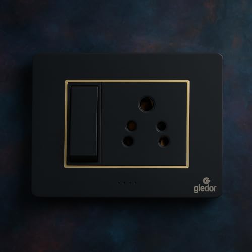 Image of SEER switch plate Black Modular Switch and Socket Combo, 16A Switch with 6 /16A 3-Pin Socket, Gold Trim
