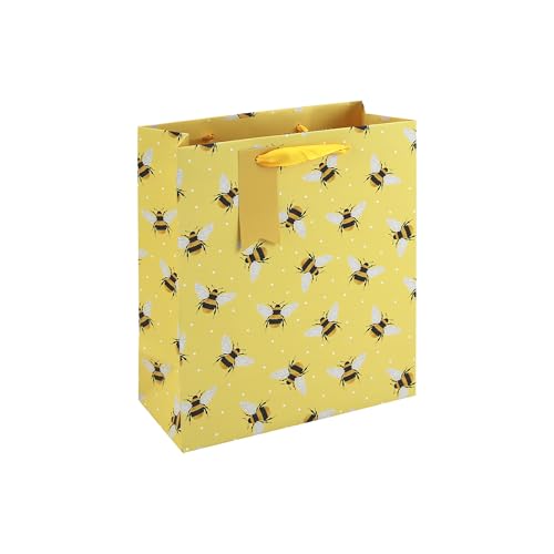 Eurowrap Bee Print Medium Gift Bag Yellow Present Bag with Bumblebee Pattern Silk Handles & Tag Gift Bag for Girls Women Birthday Mothers Day & Valentines Day