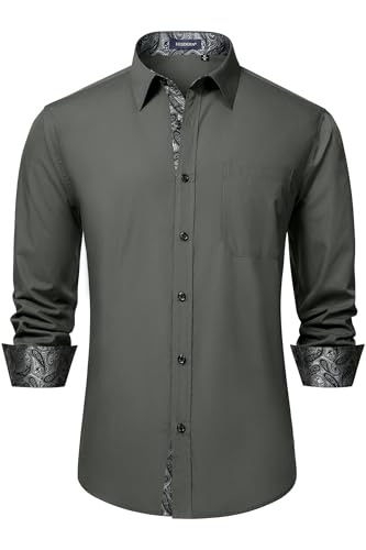 Image of HISDERN Mens Business Dress Shirts Long Sleeve Casual Button Down Shirt Formal Inner Collar Contrast Shirt for Men Wedding
