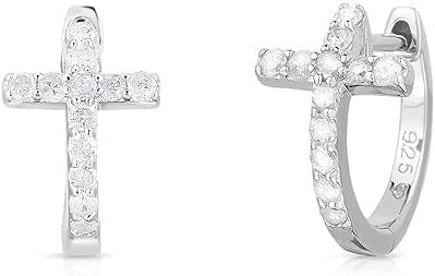 1.00 Ct Round Cut White Diamond Cross Shape Women's Huggie Hoop Earrings With 925 Sterling Silver 14k White Gold Finish, Medium