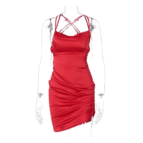 Image of JUMISEE Women Satin Ruched Lace Up Bodycon Mini Dress Sexy Backless Spaghetti Strap Party Dress for Cocktail Clubwear
