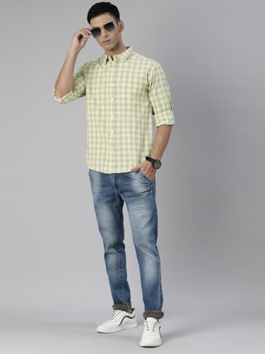 Image of JOVEN Men Slim Fit Pure Cotton Brown and Dark Green Casual Checked Shirt