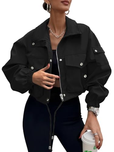 UEAL Bomber Jacket Women Trendy Early Fall Fashion Full Zip Light Cropped Jackets 2026 Medium Black