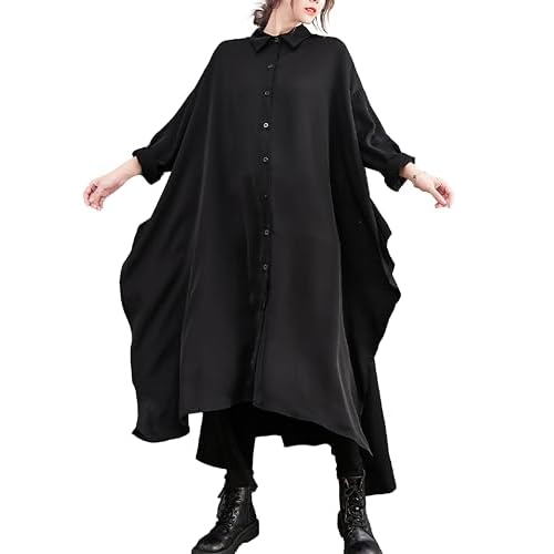 ellazhu Women's Solid Color Button Down Irregular Hem High Up Shirt Dress GZ118 A Small-X-Large Black