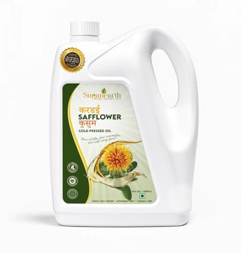 Image of Sugan Earth safflower oil cold pressed 4.5 litre for cooking, 100% Pure, Natural | Wood Pressed Kardai Tel Kusum Oil | Rich in Omega-6 | Single Filtered | Heart-Healthy & Nutrient Rich | Chemical-Free & Unrefined | Suitable for Cooking & Skincare