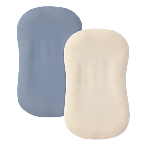 Image of guruixu Muslin Baby Lounger Cover 2 Pack, 100% Cotton Infant Lounger Cover, Soft & Breathable Replacement Slipcover, Compatible with Snuggle Me Newborn Lounger (Tradewinds,Cream)