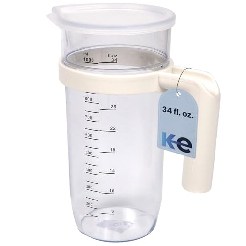 34 fl. oz. Measuring Jug with Lid | Durable BPA-Free Plastic Measuring Cup with Screen-Printed Markings & Non-Spill Spout | 8.07 x 2.95 in, Removable Ergonomic Handle
