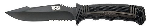 SOG Specialty Knives & Tools SEAL Strike Fixed Partially Serrated Blade Knife with Black TiNi, 4.9-inch Blade and Deluxe Sheath - SS1003 Color: Black TiNI Style: Deluxe Sheath, Model: SS1003-CP, Outdoor & Hardware Store