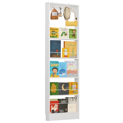 FerniTry Behind The Door Bookshelf Kids Wooden Behind Door Bookshelf 5-Tier Bookcase Book Shelf Space-Saving Organizer Storage for Toys and Story Books Wall Mount Shelves with Hooks(White)