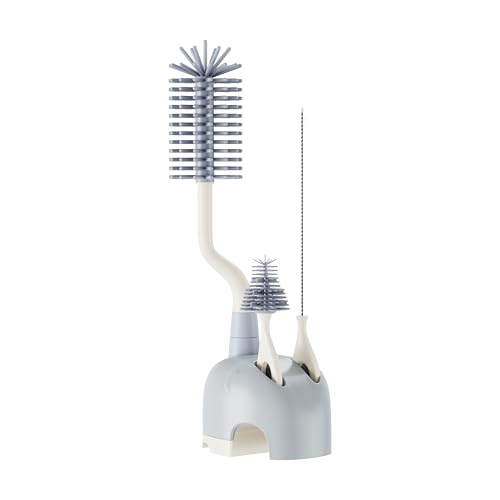 Image of ePiiChua Silicone Bottle Brush Set with Stand, 360° Rotating Bottle Cleaning Brush Cleaner Set, Long Handle 3 in 1 Multipurpose Silicone Baby Bottle Straw Cleaner Brush (Grey)