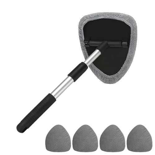 Car Window Cleaner Tool Windscreen Cleaning Tool 4 Reusable and Washable Microfiber Pads Windshield Cleaning Wand Tools with Telescopic and Extendable Handle Auto Inside Glass Wiper Kit Grey