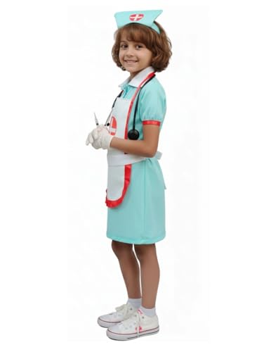 Image of BookMyCostume Kids Nurse Costume for Girls | 6-Pc Professional Community Helper Uniform with Dress, Cap, Stethoscope, Syringe, Gloves & Mask | Pretend Role Play Costumes | 8-10 Years