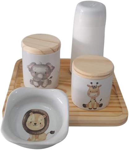 Kit higiene bebê Safari 5 Pçs - Peças porcelana e Pinus