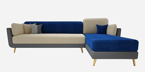 Image of Black Wood Modern Velvet LHS Sectional Sofa (3 + Lounger) with Extra Luxury Comfort for Bedroom, Living Room, Dining Room, Drawing Room, Home Office in Bug Resistant Wood Structure