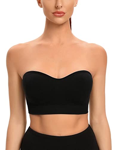 ANGOOL Bandeau Bra Women Strapless Tube Top Seamless Invisible Bralettes Padded Boobtube Non-Slip with Convertible Straps, Black, XL