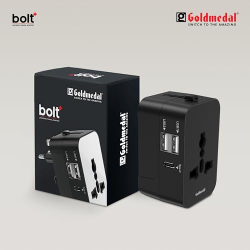Image of Goldmedal Bolt + Universal Travel Adaptor | 2 Type A & 1 Type C USB Ports for Quick Charging | Supports Variety of Plug Types| Perfect for International Travel - Black | Supports Variety of Plug Types| Perfect for International Travel - Black