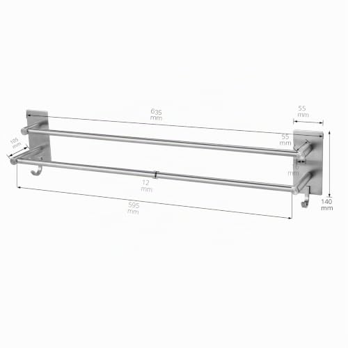 Miniatura 3 de Toalleros De Baño Sin Taladro, Adhesivo Barra Con 2 Brazos Dobles Y 2 Ganchos Acero Inoxidable 304 Cepillado Soporte De Toalla 60 Cm Para Pared Js