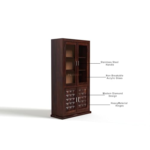 Image of Solid Sheesham Wood Book Shelf with Acrylic Glass Doors and Storage Cabinet | Rosewood Display Unit with 4 Doors for Living Room (Walnut Finish)