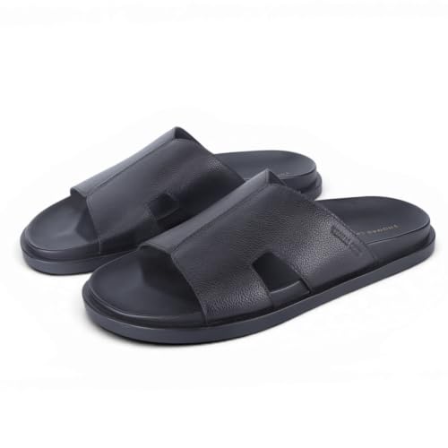Image of Thomas Crick Men's Dune Genuine Leather Slides | Premium Open Toe Broad-Strap Casual Sandals with Contour TPR Sole, UK Size 6-11
