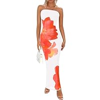 PRETTYGARDEN Women Summer Strapless Maxi Dress Bodycon Floral Sexy Long Wedding Guest Dress Formal Tube Mesh Cocktail Dresses(White Orange Floral,Medium)