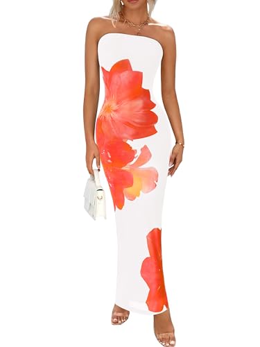 PRETTYGARDEN Women Summer Strapless Maxi Dress Bodycon Floral Sexy Long Wedding Guest Dress Formal Tube Mesh Cocktail Dresses(White Orange Floral,Medium)