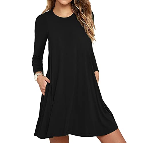 Damen Kleid Herbst Winter Kleid Festlich Kurzes Schwarzes Kleid Elegant Einfarbig A-Linie Kleider Rundhals Knielang Blusenkleid Winter Tunikakleid Casual Sweatkleid Hochzeitskleid