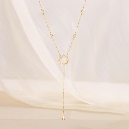 Image of CHESKY Long Necklaces for Women, 14k Gold Plated /Streling Silver Lariat Necklace Dainty Statement Prom Necklace Rosary Cross Sun Drop Pendant Dangle Necklace Gold Prom Jewelry for Women Gifts