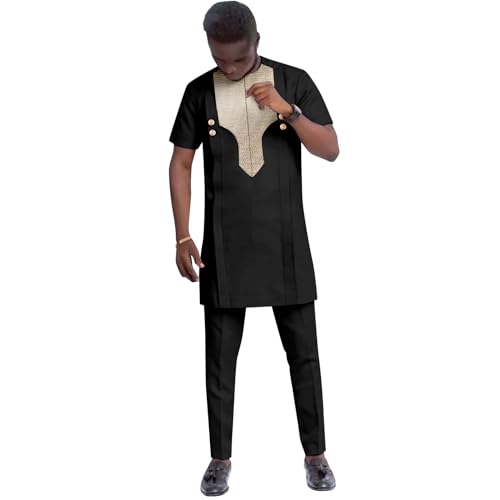 African Suits for Men Embroidery Short Sleeve Shirts and Pants 2 Piece Set Dashiki Outfits Wedding Evening