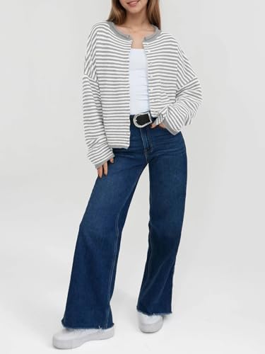 Image of Saodimallsu Womens Striped Cardigan Casual Long Sleeve Open Front Button Down Loose Knit Lightweight Fall Sweaters