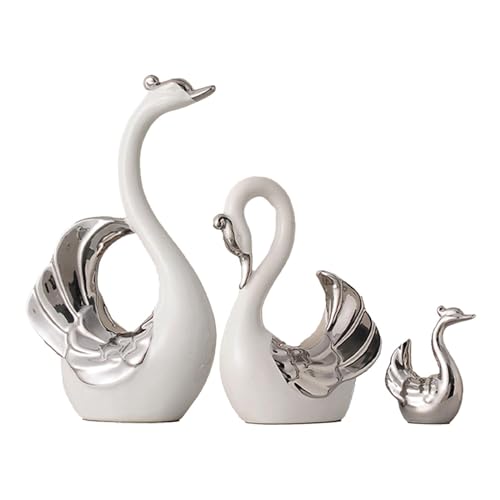 Kuntesetty Figurita de Cisne de 3 Uds, Adorno de Escritorio, Escultura de Animal de Cerámica Elegante, Estatua Decorativa para Mesa de Entrada, Centro de Mesa Y, Plata blanca, unico