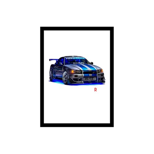 Image of BLINKART Nissan Skyline GT-R (R34) CarFramed Posters Gift Items Boys Room Wall Decoration Bedroom Office Studio Synthetic Wood Frame & Acrylic Glass Ready to Hang - 12x8 Inch, (A4 Size) - CAR-061