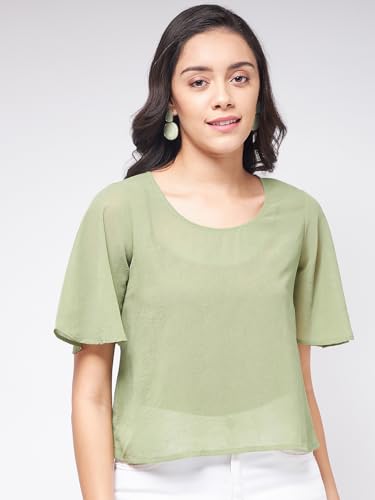Image of Zima Leto Women's Stylish Sheer Crop Top | Trendy Solid Lightweight Blouse with Half Sleeves | Chic Casual Summer Party Top for Girls | Modern Layering Outfit for Office, Travel & Daily Fashion