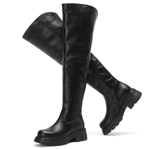 Black Thigh High Boots For Women Platform Slouch Over The Knee High Boots Lug Sole Low Chunky Heel Curve-friendly