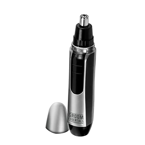 Groom Essentials Ear And Nose Hair Trimmer For Men, Travel Size Battery-Operated Beard Trimmer, Ergonomic Design & Rotary Blade For Painless Trim, Pocket-Size, Brush & Cap Included, Grooming On The Go #TOP11