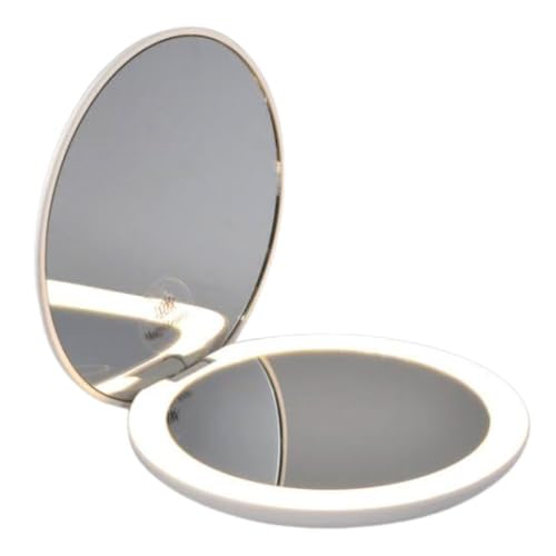 Espelho de Maquiagem Compacto com Luz. Espelho de Bolso com Luz LED, Mini Espelho Branco de Led. Ampliação 1X/3X, Recarregável USB, (Branco)