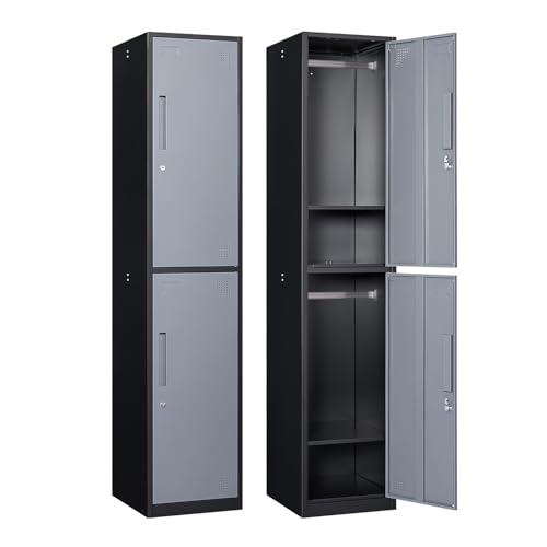 Image of Metal Locker with 2 Doors, 71 inch Storage Lockers for Employees, Home, Office, Gym (Grey Black)