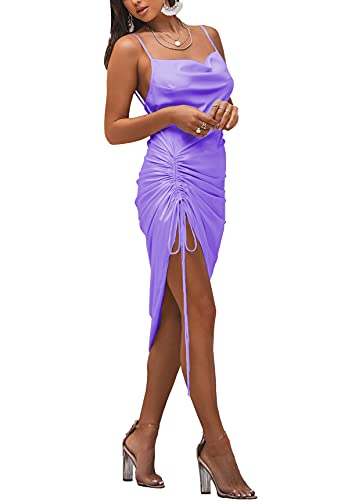 Image of LYANER Women's Satin Spaghetti Straps Cowl Neck Sexy Ruch Cocktail Midi Dresses