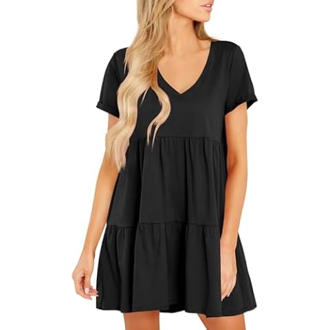 Cosonsen Womens Summer Dresses Short Sleeve V-Neck Ruched Loose Beach Dress Black S Cover