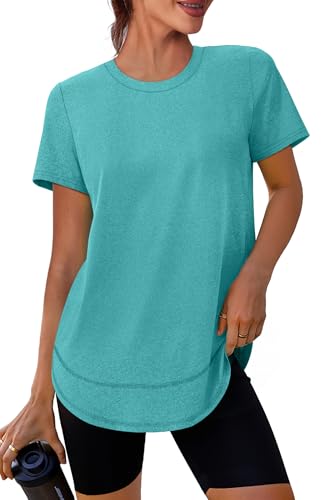 Spring Summer Tops for Women Short Sleeve Hiking Shirts Athleisure Golf Shirt Beach Fashion Curved Hem Loose Fit Teal 2XL