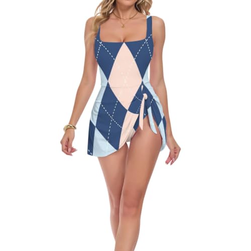 Maillot de bain une pièce femme bleu clair galbant à motif losanges confort