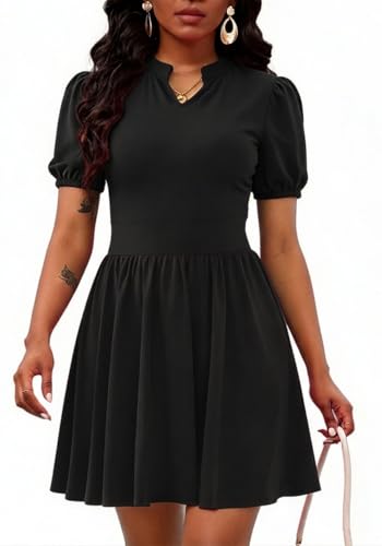 Image of Women's V Neck Summer Dress Puff Short Sleeve Flowy Stretchy Flowy Comfort Fit for Daily Wear Work Midi Casual Dresses