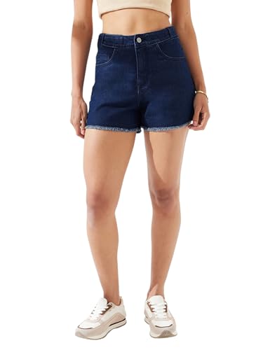 Image of Dolce Crudo Women's Relaxed Fit Mid-Rise Denim Shorts with Adjustable Waist & Frayed Hem