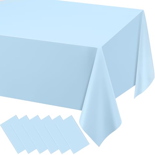 Image of WNINK 6 Pack Light Blue Rectangular Plastic Tablecloths, Blue Disposable Table Covers 54 inch x 108 inch Baby Blue Table Cloths for Baby Shower, Birthday, Bridal Shower, Engagement Wedding Parties
