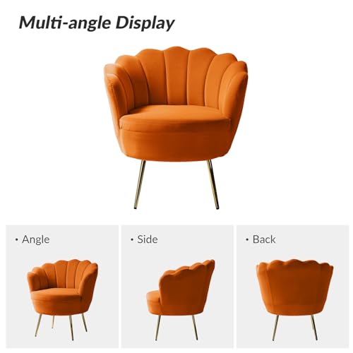 Image of HULALA HOME Modern Velvet Accent Chair with Shell Shaped Back, Cute Living Room Bedroom Armchair Sofa Chair with Gold Legs, Comfy Upholstered Vanity Chair for Makeup Room, Orange
