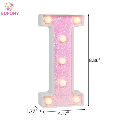 Image of Pink Glitter Marquee Light Up Letters, Battery Operated LED Letter Lights Signs for Pink Birthday Party Table Decorations, Wall Decor for Girls Bedroom, Initial Letter I with Warm White Lights