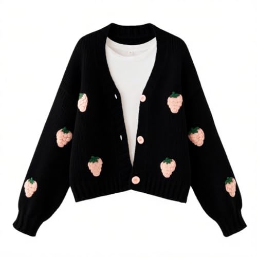 Image of FindThy Women's Kawaii Strawberry Embroidered Cardigan Long Sleeve V Neck Chunky Knitted Cardigans Tops